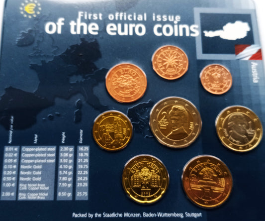 Austria 2002 zestaw monet 1 cent do 2 euro