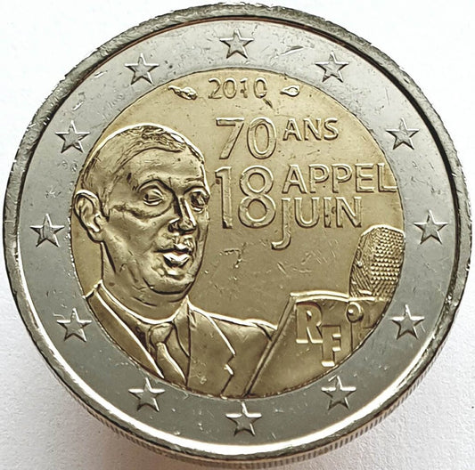 Francja 2 euro 2010 70 rocznica przemowy radiowej Charles'a de Gaulle'a