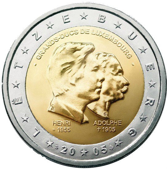 Luksemburg 2 euro 2005 100-lecie śmierci Wielkiego Księcia Adolfa, 50-lecie urodzin i 5 lat na tronie Wielkiego Księcia Henryka