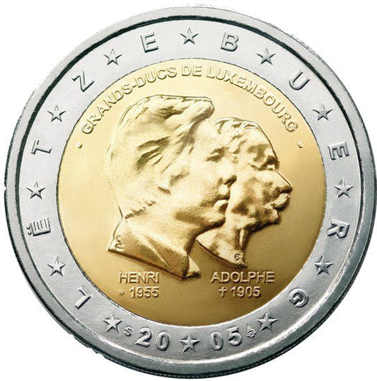 Luksemburg 2 euro 2005 100-lecie śmierci Wielkiego Księcia Adolfa, 50-lecie urodzin i 5 lat na tronie Wielkiego Księcia Henryka