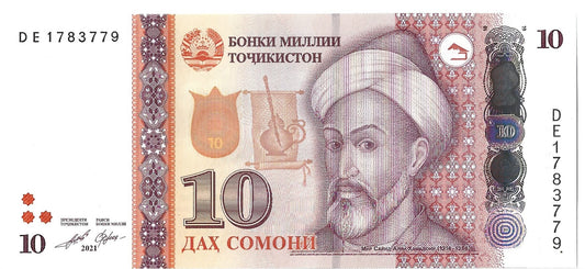 Tadżykistan 10 Somoni 2021 - UNC